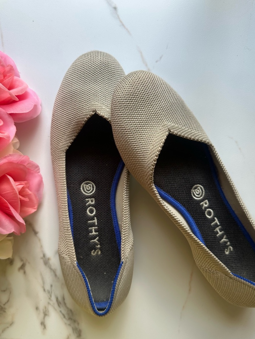 Rothy's Beige Knit Ballet Flats with Blue Trim